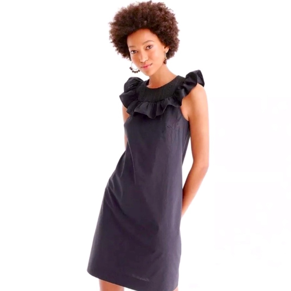 J.Crew Ruffle Eyelet Collar Black Round Neck Shift Tank Dress 8